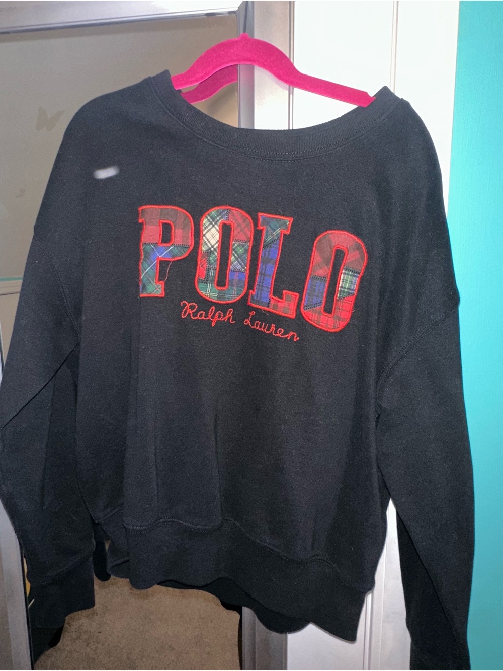 Ralph Lauren Black Sweatshirt with Red-Trimmed Tartan POLO